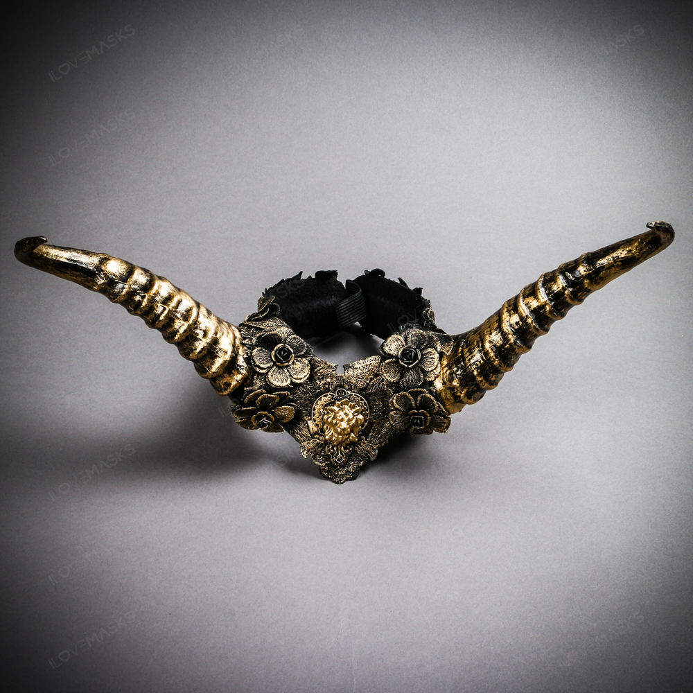 Gothic Demon Long Horn with Lace Head Piece - Black Gold